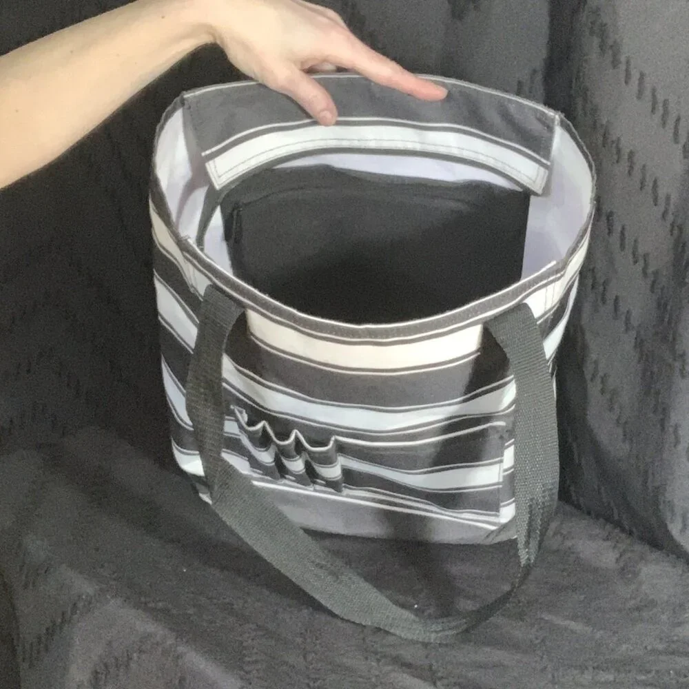 Thirty-One Zip-Top Organizing Utility Tote - Charcoal Stripe | Teacher Bag - Picture 5 of 8